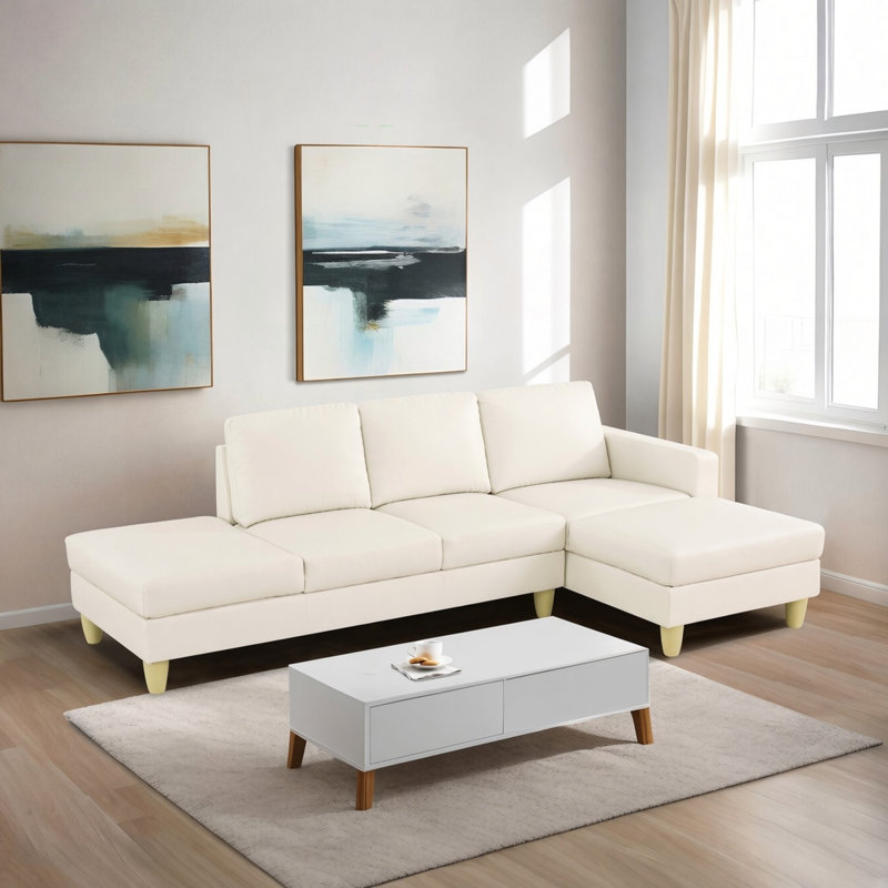 Canapé modulaire en L avec repose-pieds et similicuir, Orienté à droite, Beige Faux Leather, Naturel