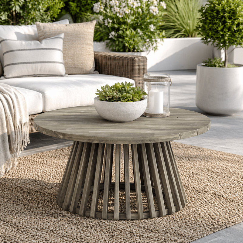 Table basse ronde d'extérieur en bois d'acacia, Gris