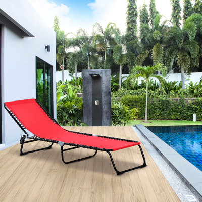 Patio Sun Chair Reclining. 4 , Breathable Mesh & Bungee Seat. Red Yard Chair. Recline, Mesh. With Pillow, For Patio, Beach, Pool.