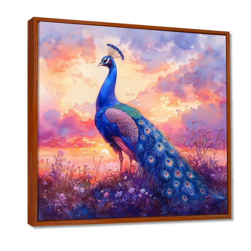 Paon à l'aube mauve II - Décoration murale animaux, Impression encadrée flottante, Brun, H 16 po x l 16 po