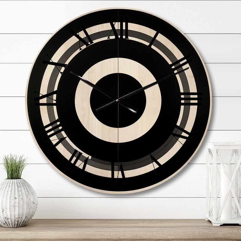 Bauhaus Black And White Circular Minimalism II - Modern Geometric Oversized Wood Wall Clock, Petit