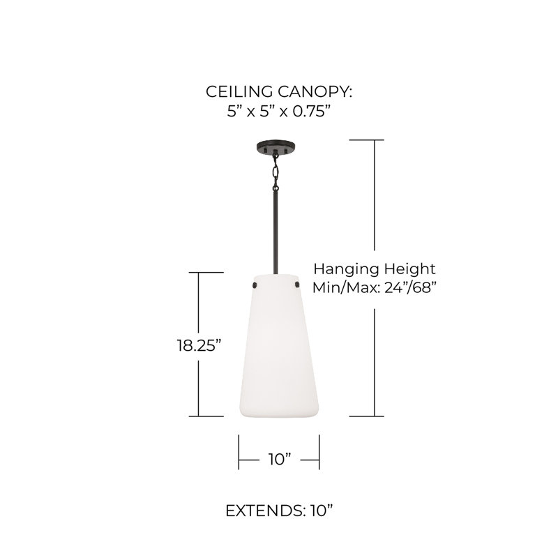 Luminaire suspendu l 10,5 po x H 18,5 po avec verre effilé blanc doux, Noir mat