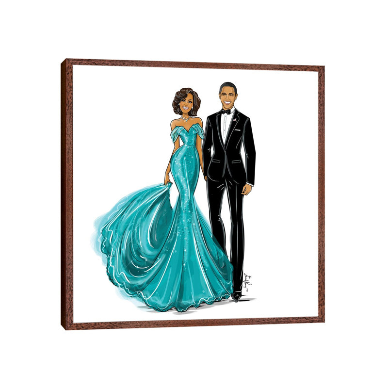 Michelle And Barack Obama by Emma Kenny - Print on Canvas, Classic Brown Wood Framed, 45.72 cm H x 45.72 cm W