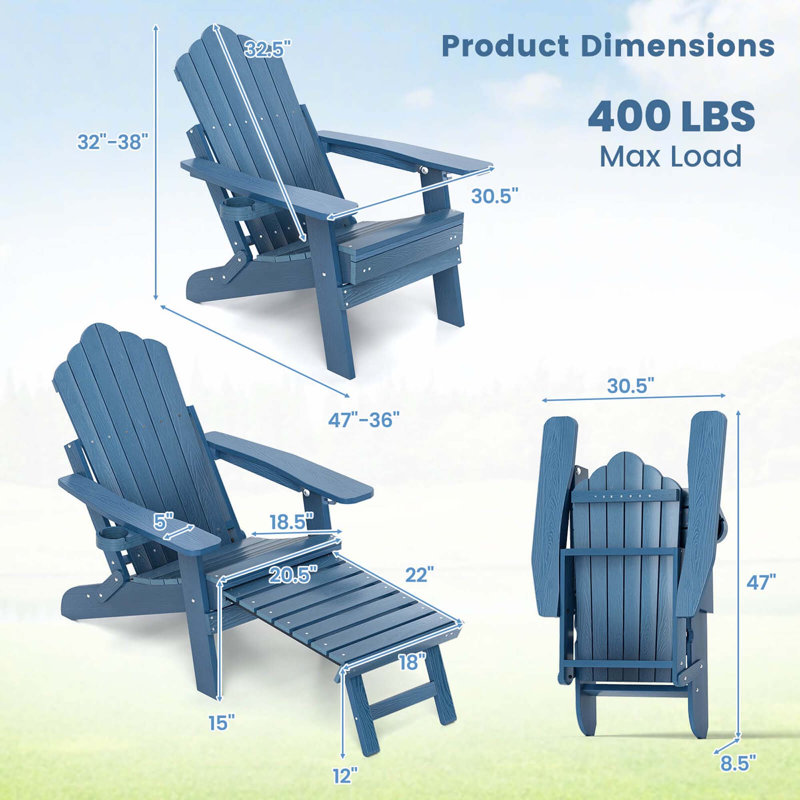 Patio Adirondack Chair All-weather Hips Lounge Chair With Retractable Footrest, Navy
