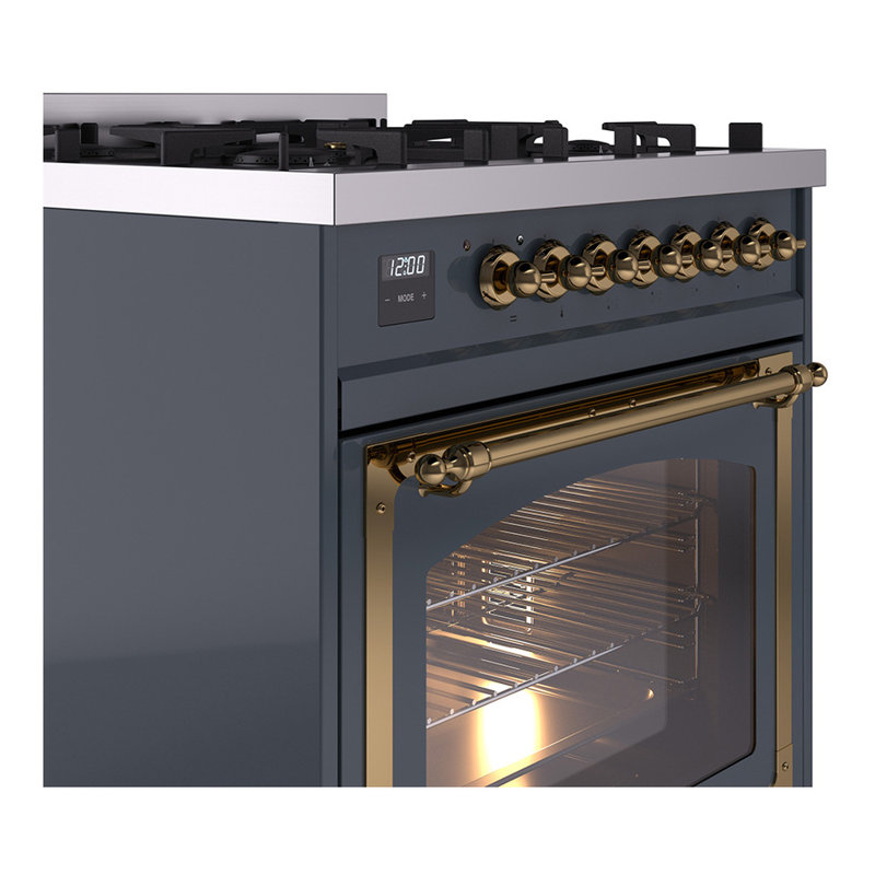 ILVE Nostalgie II Noblesse 30 in Dual Fuel Range, Blue Gray/Brass, Natural Gas