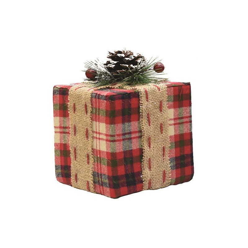 Square Plaid Gift Box with Pine Bow Table Top Christmas Decoration, 6.75" H x 5" W x 5" D