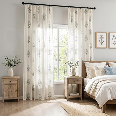 Blue Green Floral Linen Curtains – Farmhouse French Country Cottage Core Light Filtering Pinch Pleated Drapes, Vintage Block Print Sheer Window Panels For Living Room, Bedroom And Sliding Glass Door, 84-inch Length