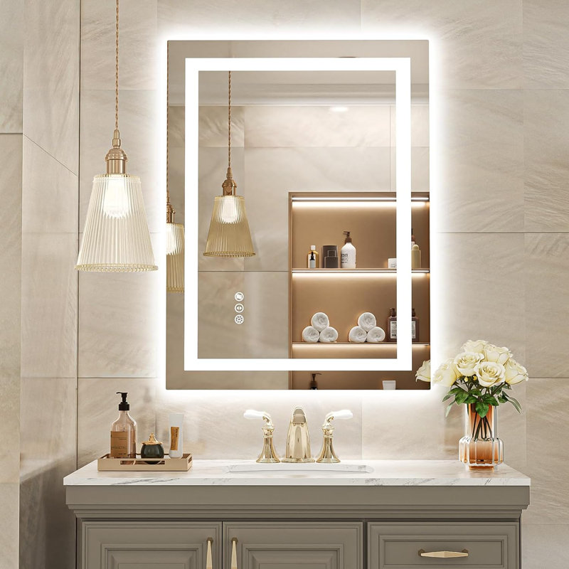 Frameless LED Bathroom Mirror 32x24 Inch, Tempered Glass, Wall-Mounted Vanity Mirror with Anti-Fog, 3 Colours Dimmable Light, Memory Function