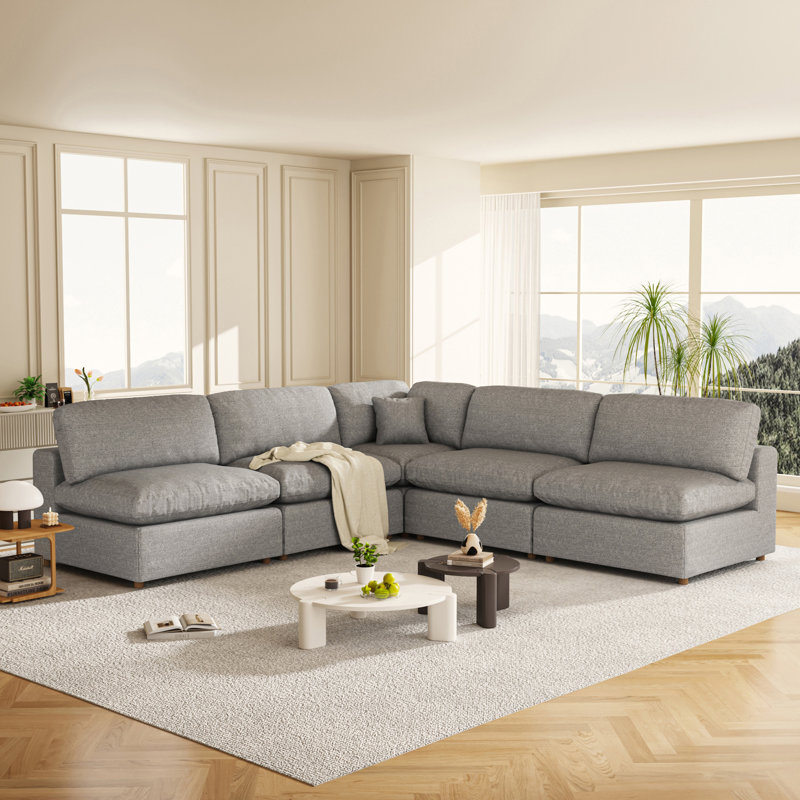 Canapé modulaire rembourré 5 pièces Jossa, Mélange de lin gris