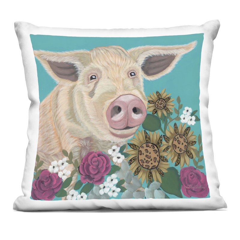 Portrait de cochon avec fleurs mauves, imprimé décoratif par Ashley Justice