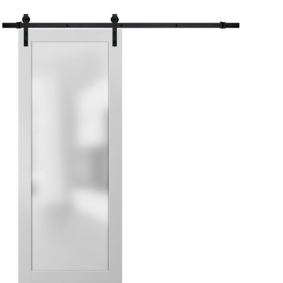 Planum Frosted Glass Barn White Door with Installation Hardware Kit