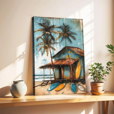 Wooden Framed Canvas Painting Artistic printing Beach Hut And Surfboards Unique and creative wall decor