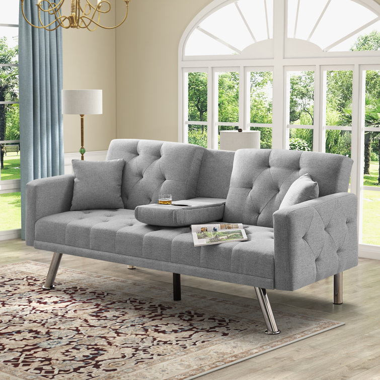 Besharat Futon Sofa Bed Linen Couch, Convertible Folding Futon Couch Recliner Lounge with 2 Pillow