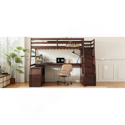 Lit mezzanine avec 7 tiroirs, 2 tablettes et un bureau