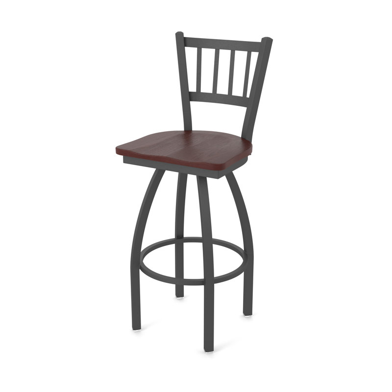 Nicolaie Swivel Counter Stool, Pewter, Wood-Dark Cherry Oak, Bar Stool (30” Seat Height)