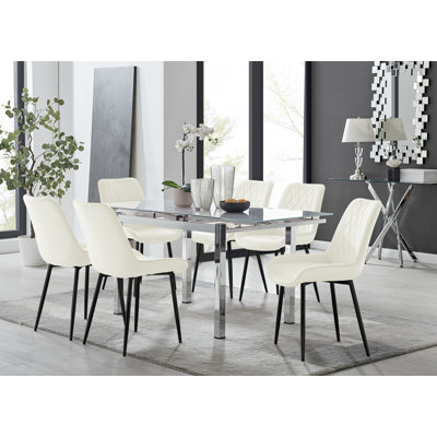 Ensemble de table de salle à manger extensible en verre et en métal Tierra et 6 chaises de salle à manger rembourrées en velours
