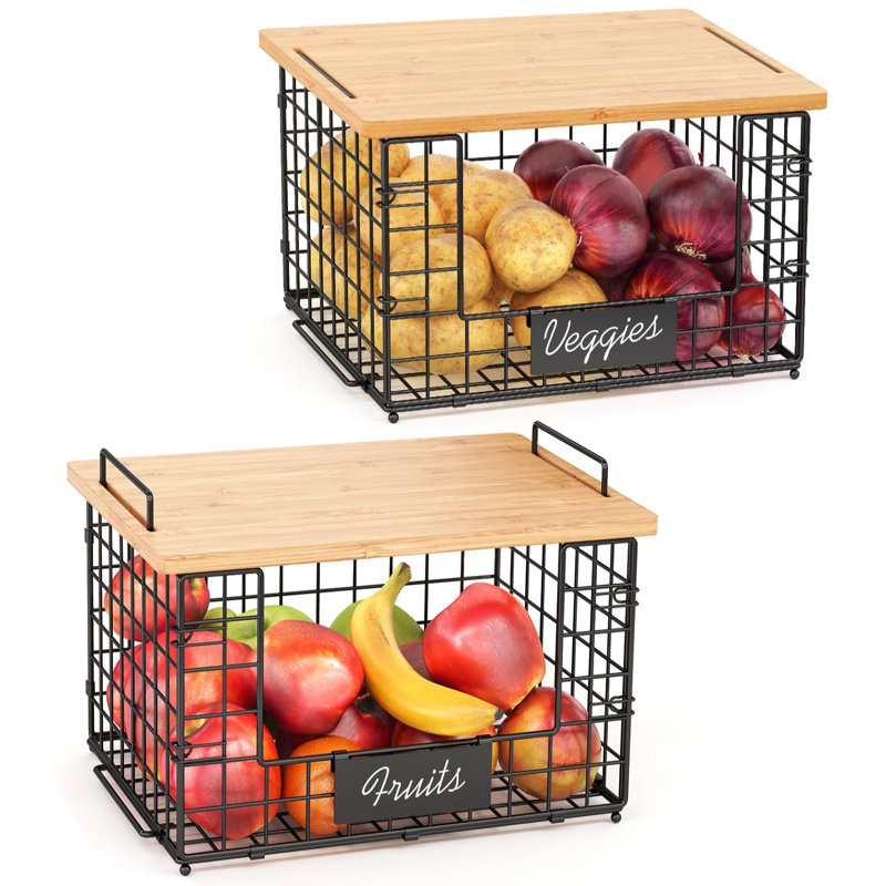 2 Pack Stackable Wire Baskets With Bamboo Top For Pantry Organizers And Storage, XXL Kitchen Organization Counter Basket