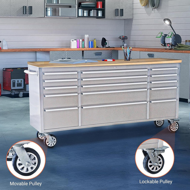 72" Heavy Duty Mobile Tool Chest with Workbench, 15-Drawer Rolling Tool Cabinet for Garage Workshop