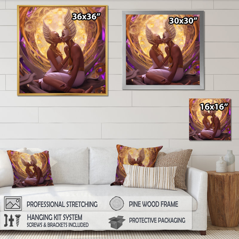 «Divine Love Goddess Couple Kissing», reproduction sur toile, Cadre simple argenté, H 36 po x l 36 po