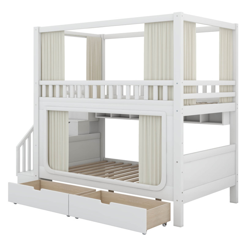Lit superposé avec rideaux d'intimité, lumières DEL sous le lit, lit superposé en bois avec escalier de rangement et tiroirs