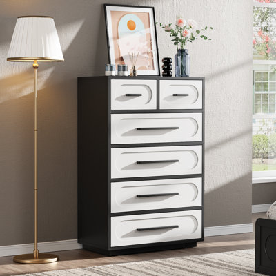 6 Drawer Dresser For Bedroom, 44" Tall Mid Century Modern Chest Of Drawers With Solid Wood Handle, Large Wood Storage Dresser Organizer For Bedroom