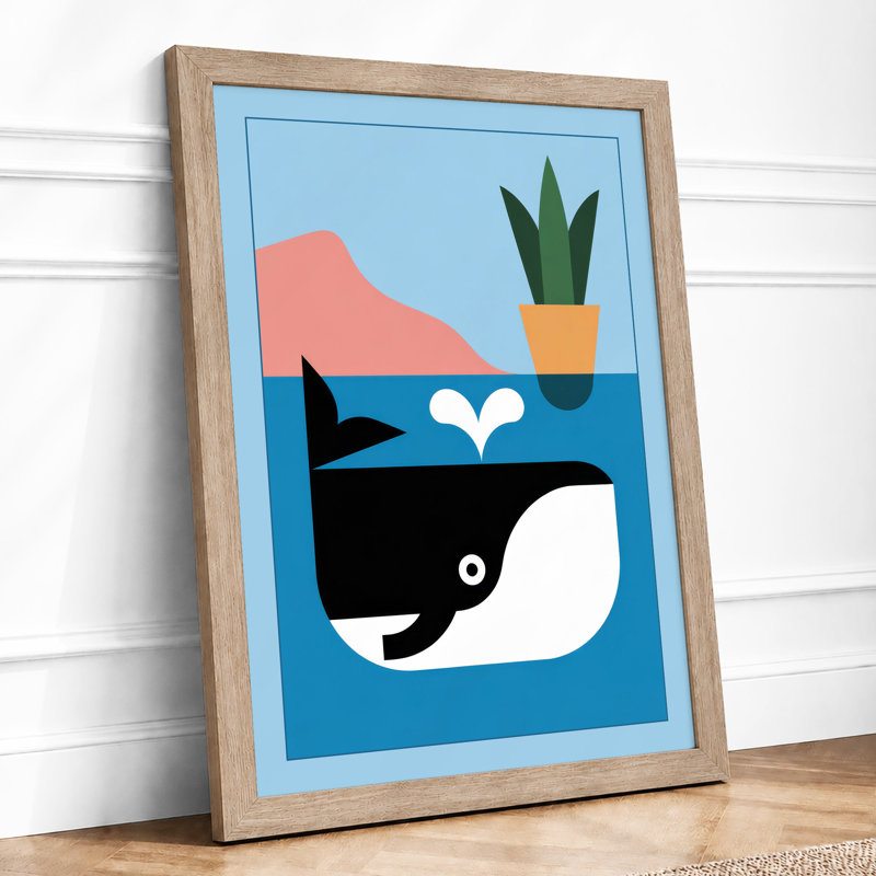Whale and Open Book Minimalist - Framed Print, Oak, A4 - 29.7 x 21.0 cm