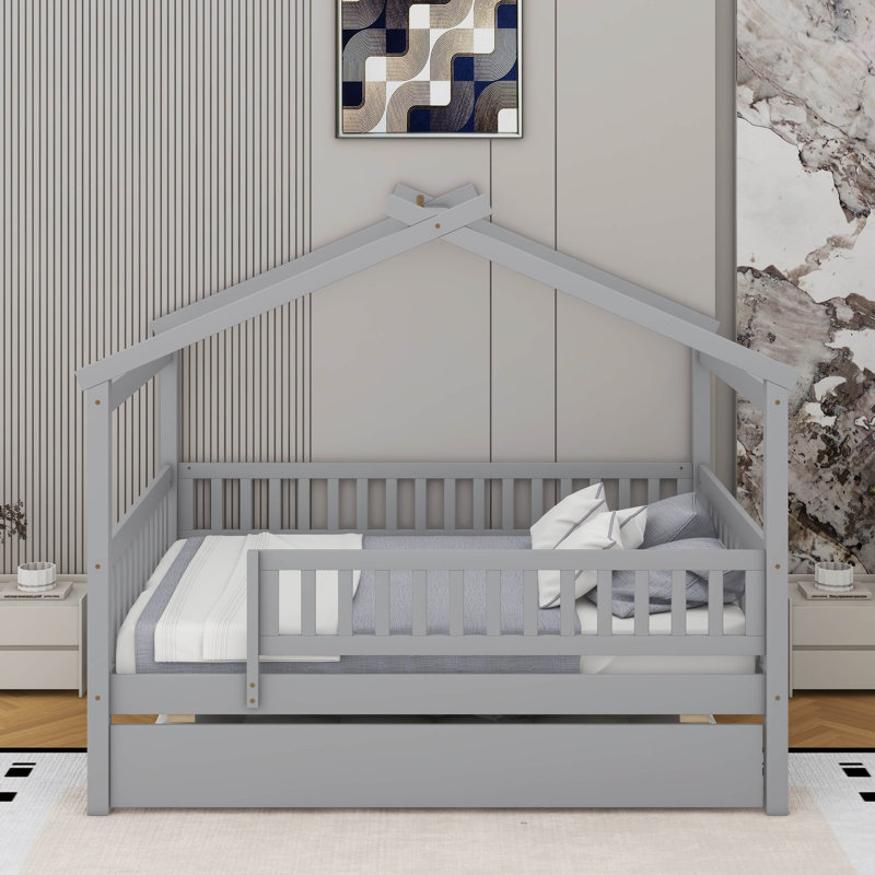 Full size wooden house bed with trundle, Gris