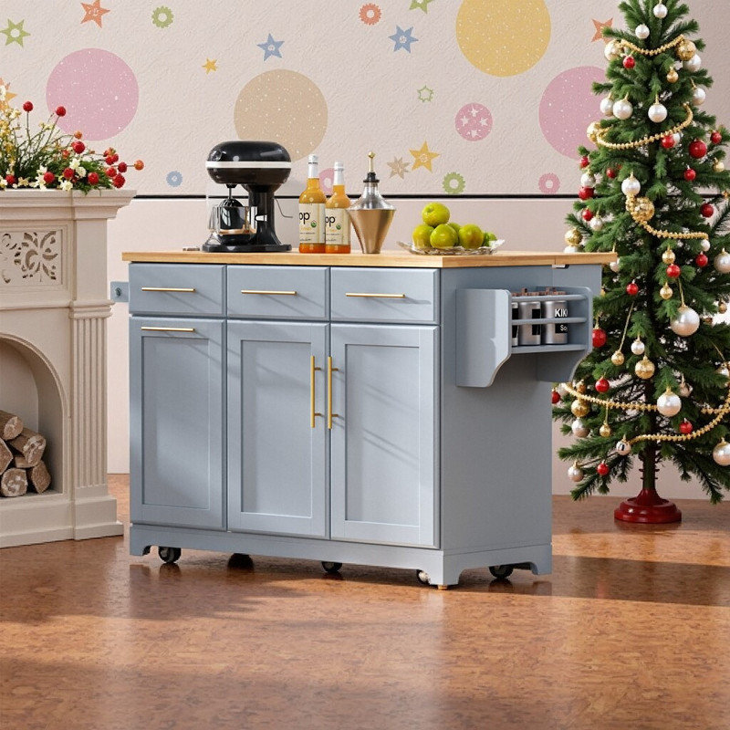 Chariot pour îlot de cuisine de 59,3 po de large avec plateau coulissant en bois d'hévéa avec organisateurs coulissants, armoire à déchets, 2 prises CA + USB-C, 3 tiroirs, 5 roulettes