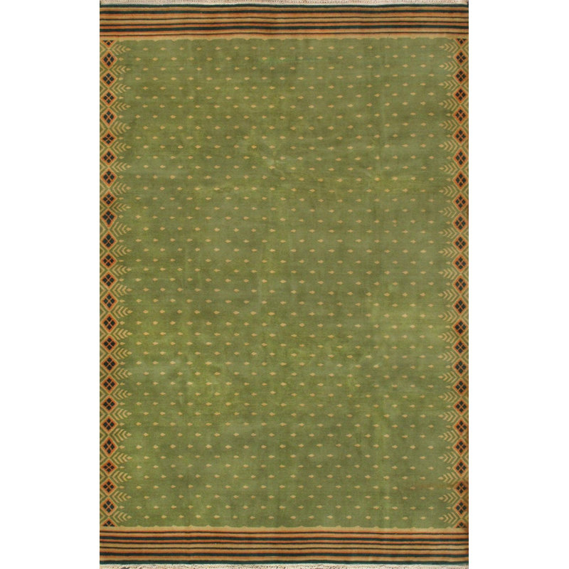 Tapis brun / vert géométrique en laine et en coton noué à la main 6 pi 8 po x 10 pi 2 po Geometric