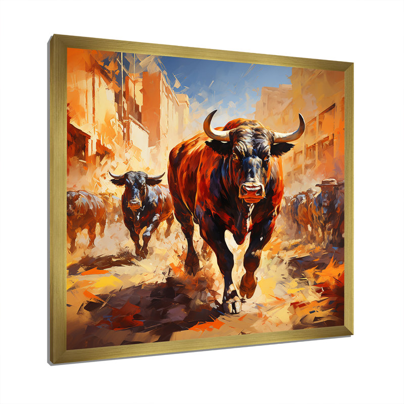 «Brown Rodeo Buffalo In Espagne», art mural animaux, H 30 po x l 30 po x P 1,5 po, Cadre doré simple