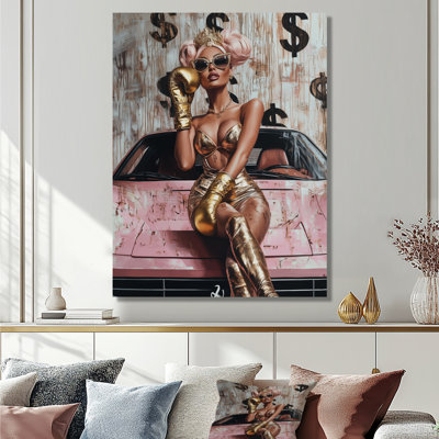 «Blonde Boss Girl In Pink Lambo IV - Boss Woman», art mural dans le salon