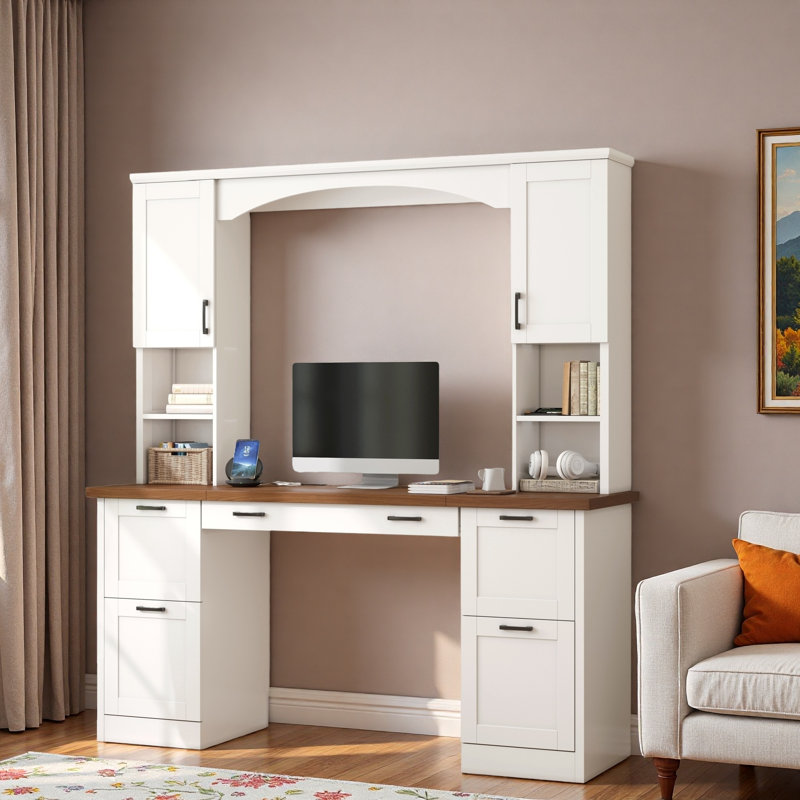 Bureau d'ordinateur Farmhouse Arched avec station de charge, plateau à clavier, tiroirs classeurs, armoires et tablettes ouvertes