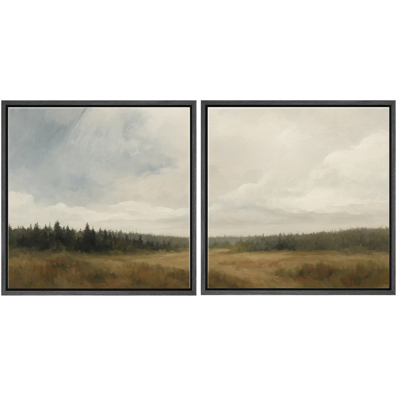 "Misty Forest Meadow Horizon Landscape", ensemble de 2 reproductions d'art encadrées, H 16 po x l 16 po, Cadre flottant noir