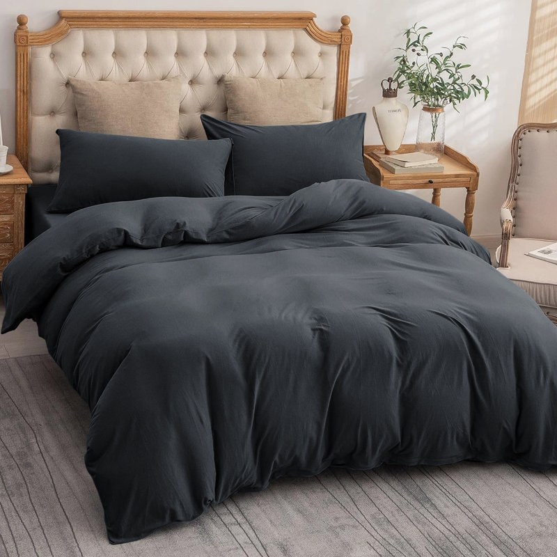Nitzy Super Soft Reversible Plain Duvet Cover with Pillowcases, UK Double - DE 200 x 200 cm, Charcoal