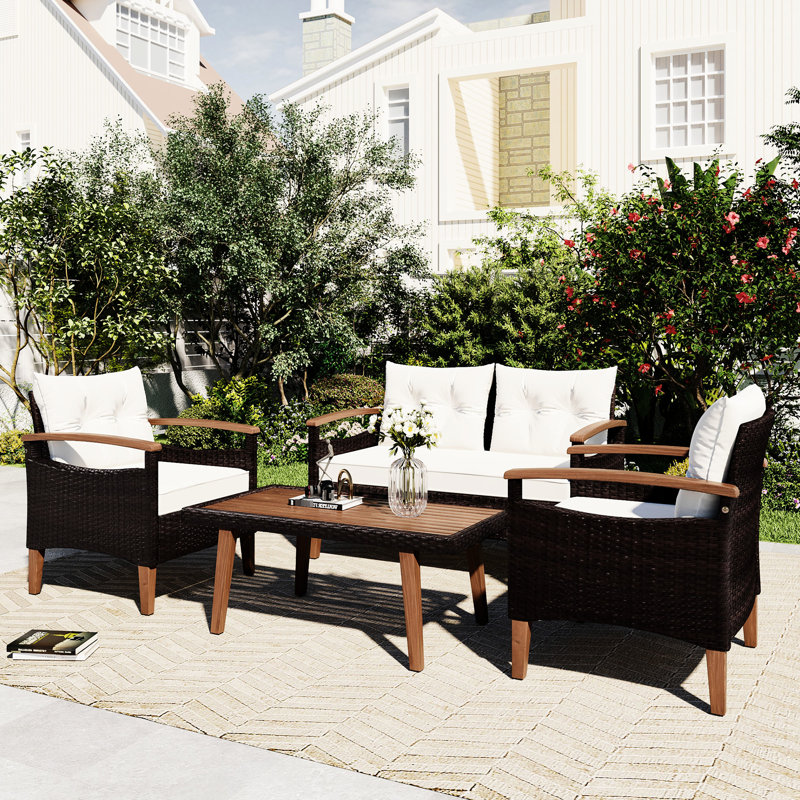 Patio de jardin: 4 pieds, pieds de table en bois, coussins beiges, pieds réglables, matériaux, housse pour l'extérieur, table, inclus