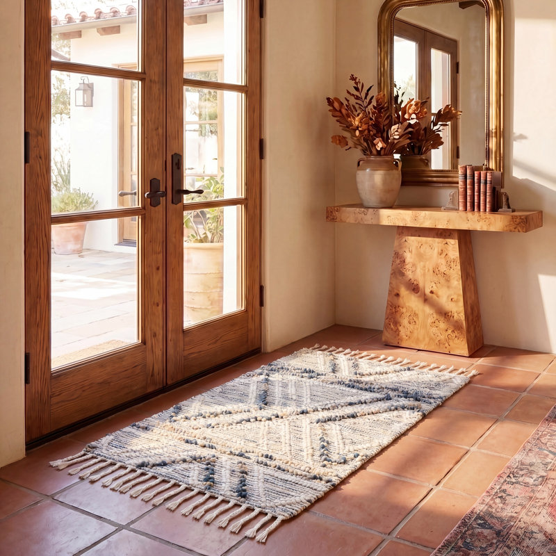 Garstang Geometric Hand-Loomed Jute/Sisal/Wool/Cotton Ivory / Blue Area Rug, Rectangle 3' x 5'