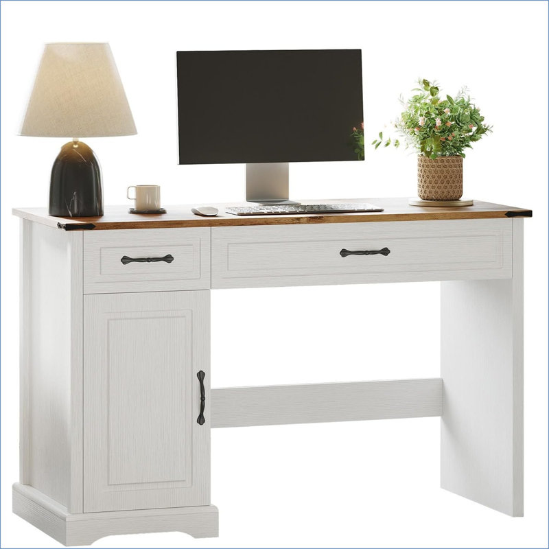 Bureau de direction 47 po avec tiroirs et armoire Farmhouse, bureau d'ordinateur rustique pour bureau à domicile, blanc antique