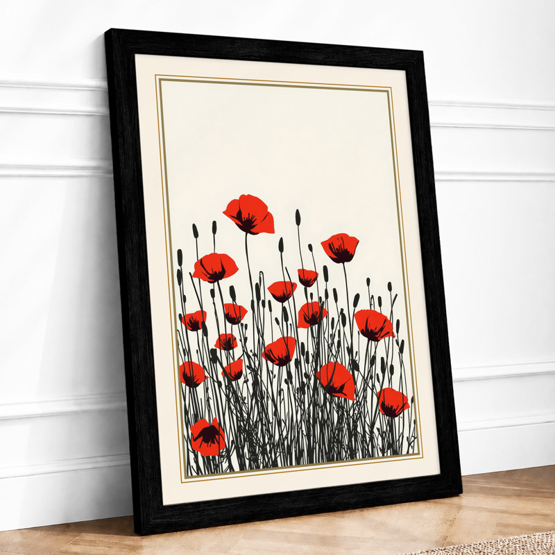 Red Poppies Botanical - Framed Print, A2 - 59.4 x 42.0 cm, Black