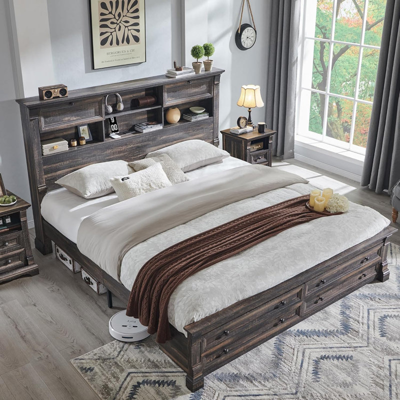 Farmhouse Queen Bed Frame, Storage Bed With Charging Station, Dark Gray, Queen