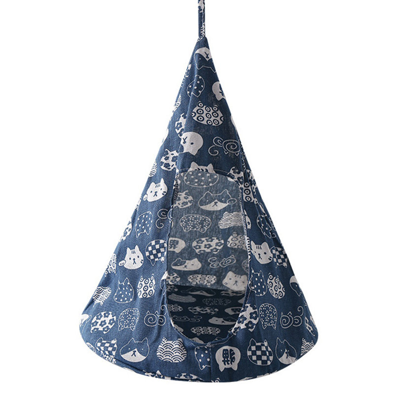 Lit de hamac pour chat respirant bleu foncé, motif de tête de chat confortable et suspendu