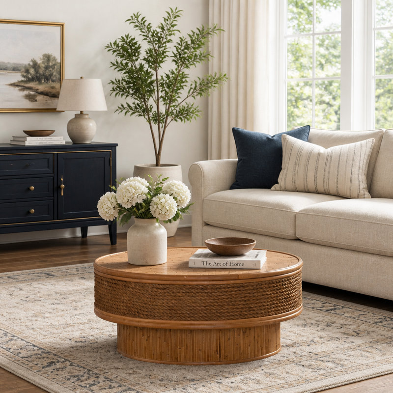 Table basse ronde ronde avec couvercle rabattable, corde de chanvre et rotin