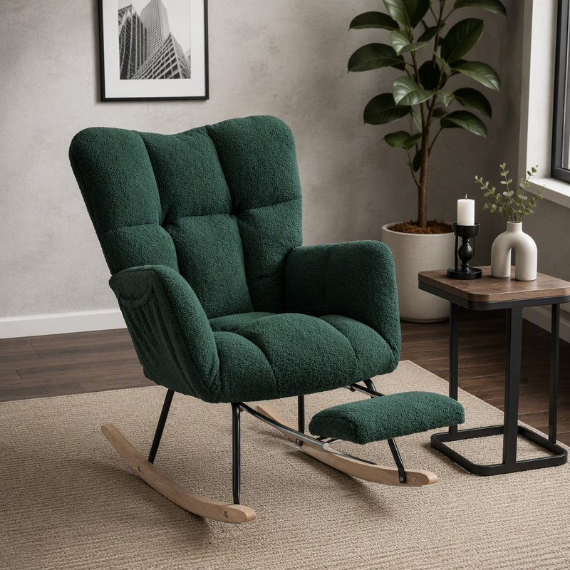 Chaise berçante en tissu avec repose-pieds réglable Teddy, Green Teddy