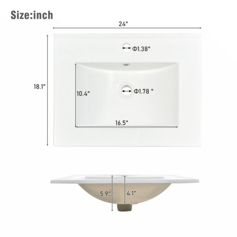 Wenty 24'' White Ceramic Rectangular Bathroom Sink