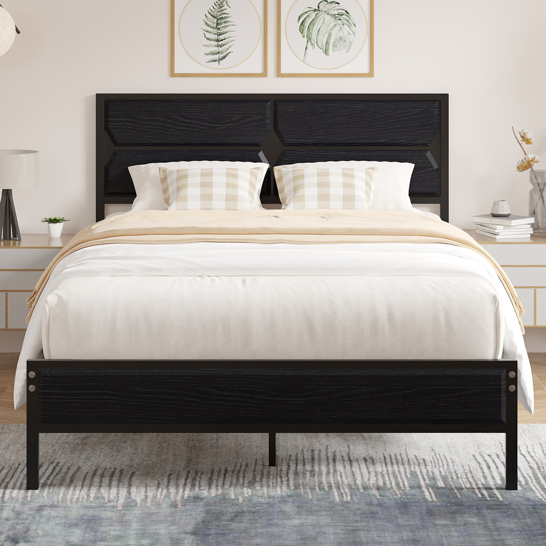 Platform Single/Double Size Bed Frame with Rustic Wood Headboard and Footboard, wood beds with Strong Metal Slats Support, No Box Spring Needed