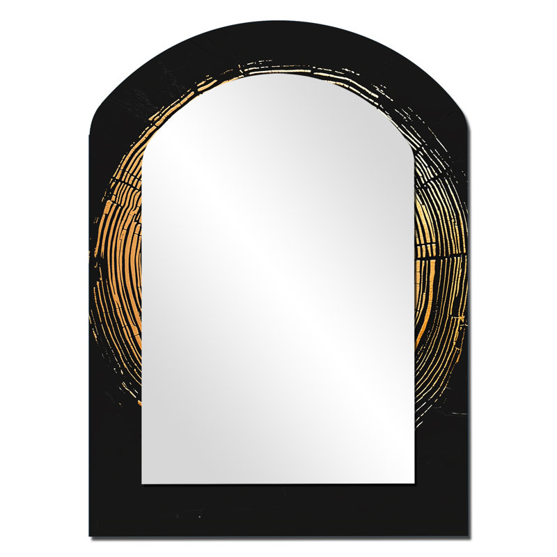 Abstrait noir et or d'anneau d'arbre I - miroir coulissant en bois, miroir mural décoratif asymétrique noir, impression d'art en métal