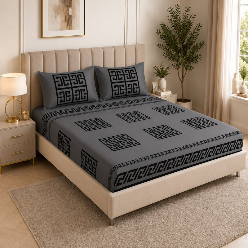 Greek Design Microfiber Bedding Set – Soft, Wrinkle-Resistant & Breathable – Includes Duvet Cover, Fitted Sheet & Pillowcases