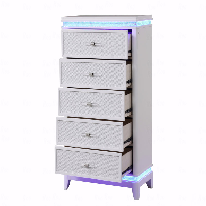 Commode à 5 tiroirs de style moderne avec poignées en diamant et détails réfléchissants