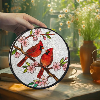 Two Red Cardinals Perched On Blossoming Cherry Stained Glass Panels Suncatcher for Window Decor