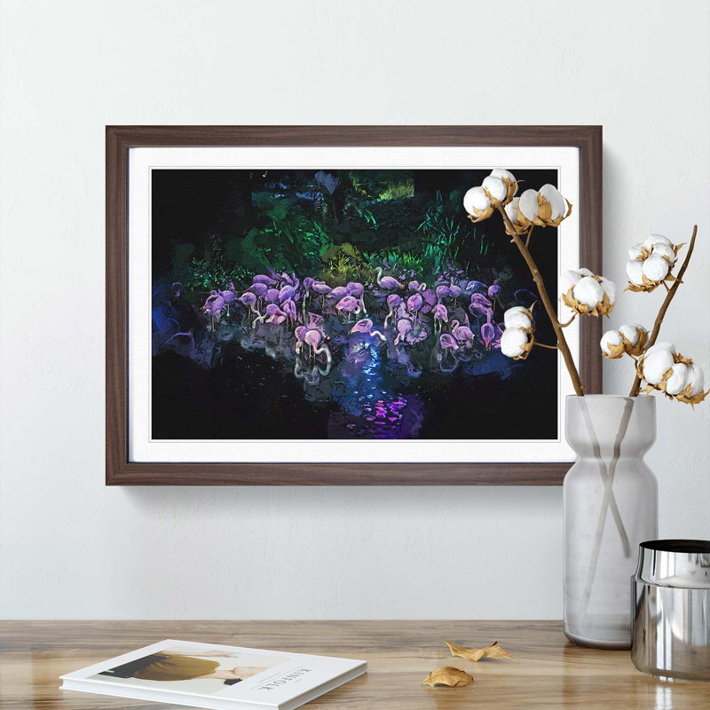 Neon Flamingos in Abstract - Framed Print, 27cm H x 36cm W x 2cm D, Walnut Framed