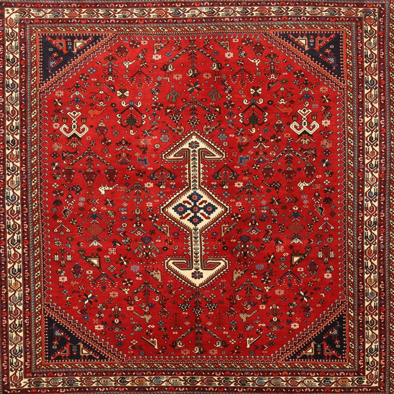 Tapis oriental rouge / beige / noir, Carré 3 pi